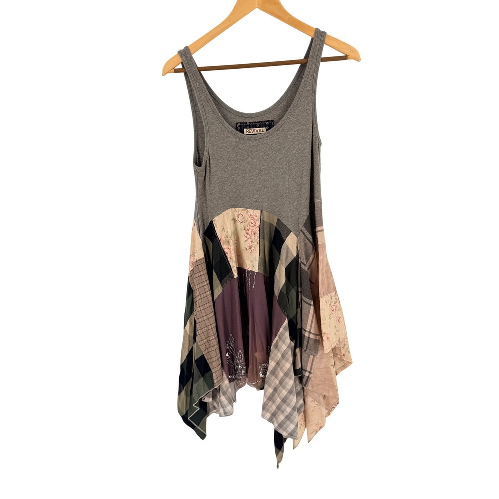 Revival Patchwork Sleeveless Dress Grey Small Boho Plaid Floral Asymmetrical Hem